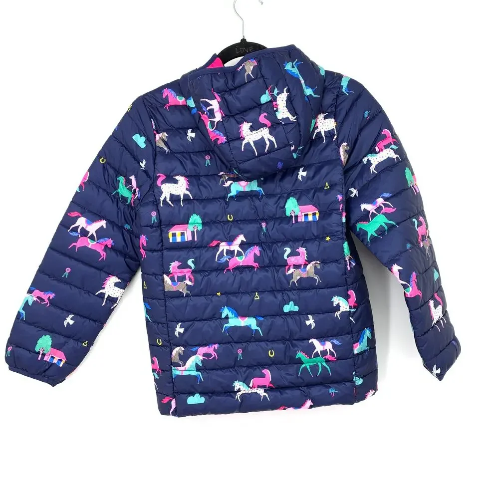 Joules Right As Rain Collection Girls Sz 10 Rain Jacket Blue Horses Packable NEW